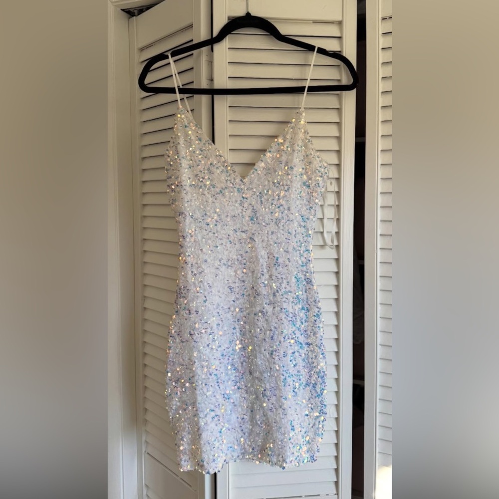 Mini white sparkly spaghetti strap dress